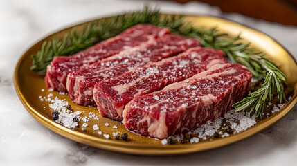 Obraz premium Freshly cut marbled beef steaks arranged on a golden plate with sprigs of rosemary and coarse salt, showcasing culinary presentation and gourmet appeal