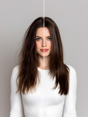 Comparison portrait of young woman with natural wavy hair on one side and straightened hair on the other, studio beauty fashion shot with hairstyle transformation concept