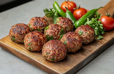 Deliciously cooked meatballs arranged on a wooden board, garnished with fresh herbs, tomatoes, and green peppers, showcasing vibrant colors and appetizing textures