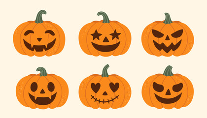 Halloween pumpkins with carved faces and diverse expressions colorful jack o lantern collection for spooky festive autumn decoration and creative holiday design