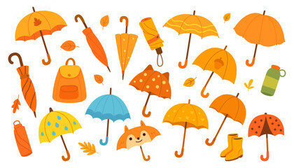 Autumn umbrellas with seasonal leaves and cozy fall accessories in warm decorative style perfect for weather themes fashion design and creative vector illustration