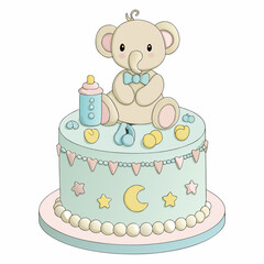Cute Elephant Baby Shower Cake Vector Illustration 