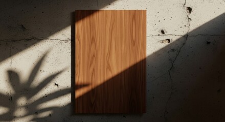 Warm Brown Wood Flyer Mockup Against a Concrete Wall with Sunlight and Plant Shadow