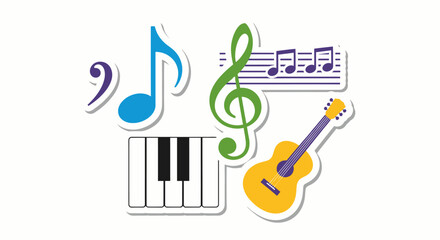 Vibrant sticker pack of musical symbols and instruments music notes, clefs, keyboard, guitar. Cheerful graphic style, isolated on white background