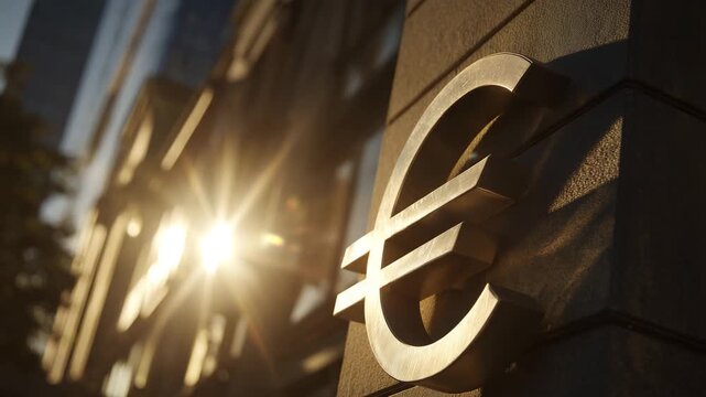 Euro symbol on building wall with sunlight reflection concept of european finance economy banking and currency market in modern city architecture background