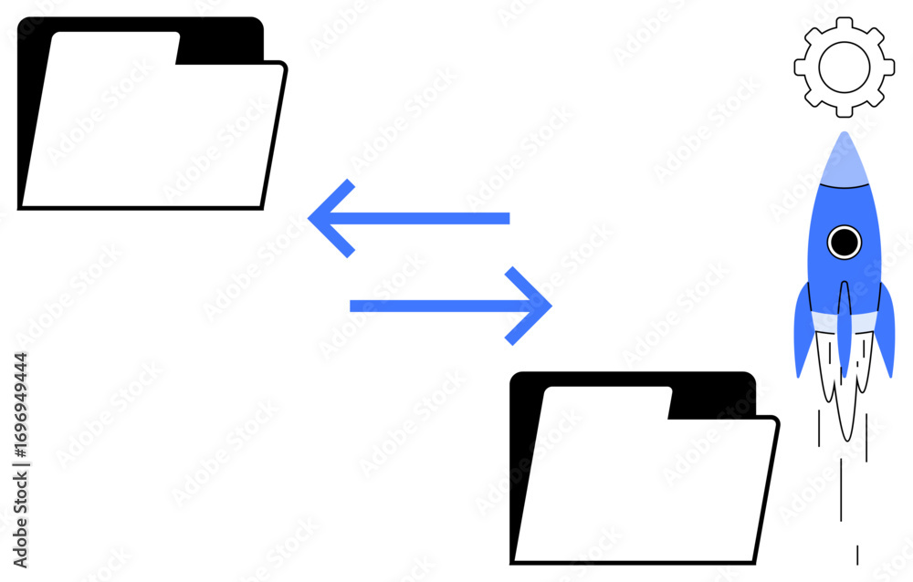 Poster two folders connected by arrows signifying file exchange, with a rocket and gear symbolizing progres