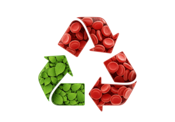 Recycle symbol with red blood cell and green leaf isolated on transparent background