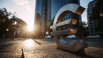 Euro currency symbol in front of modern business building with sunlight financial district background concept of economy banking finance and european money market - Powered by Adobe