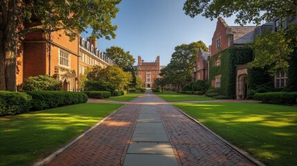 Yale University's picturesque Branford College courtyard basking in the sunlight on a clear day