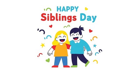 Happy Siblings Day cartoon illustration with celebration elements