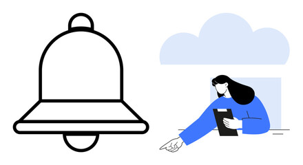 Bell for alerts, woman with clipboard pointing towards responsibility or task box. Ideal for notifications, teamwork, time management, task assignment, reminders, organization, simple landing page