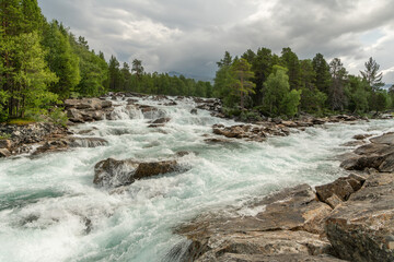 Wild river luonosjåhka with rapids in Norway. Wild nature, forest on riverbanks, and mountains in the background. Rainy summer day, amazing nature in north norway. Many rocks in the water, fast flowin