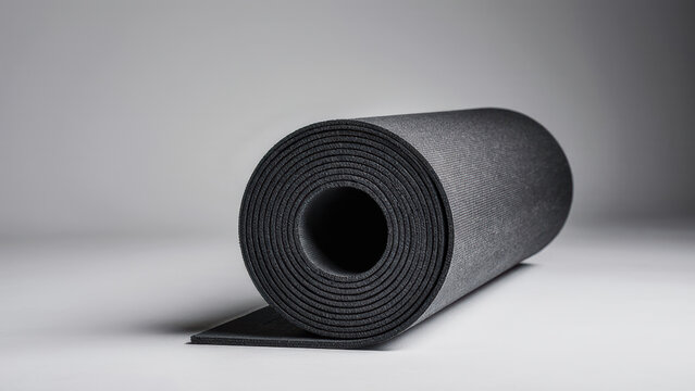 The black mat is rolled up for sports or yoga on a white background.