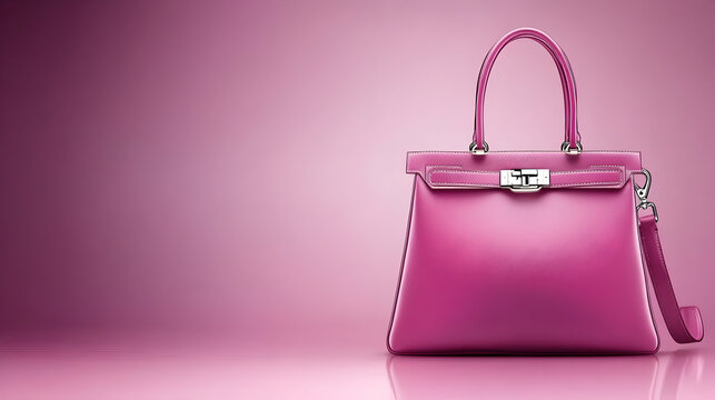 Pink elegant ladies bag on pink background with golden details