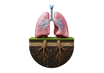 Human lungs with roots in soil isolated on transparent background