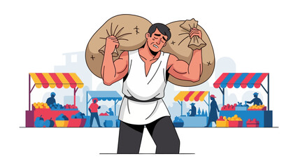 Market Day Burden: A strong figure struggles under the weight of heavy sacks on a vibrant market day, portraying the essence of labor and toil.