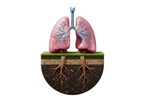 Human lungs with roots in soil isolated on transparent background