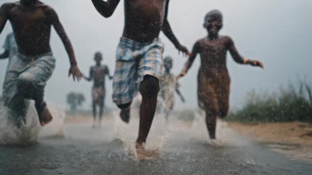 Three joyful children swimming and laughing together in a serene water setting, perfectly capturing childhood bliss