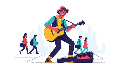 Street Musician's Melody: A street musician passionately plays his guitar, serenading passersby on a city sidewalk, a symbol of creative expression and free entertainment.
