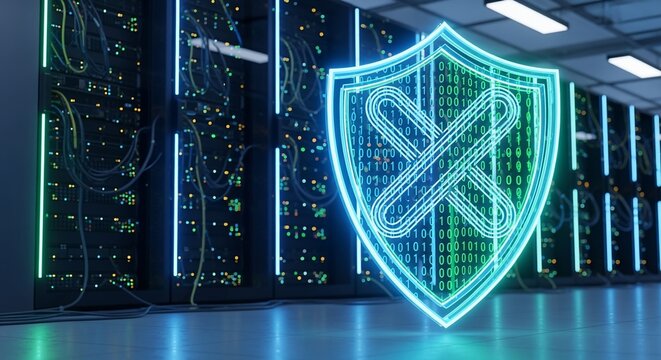 Cybersecurity shield glowing with binary code superimposed on rows of illuminated server racks in a data center