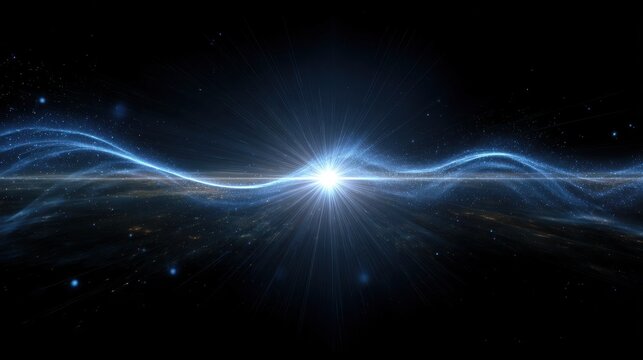 Distant Star's Cosmic Rays: Futuristic Light Waves in Blue and White Expanding Across Space