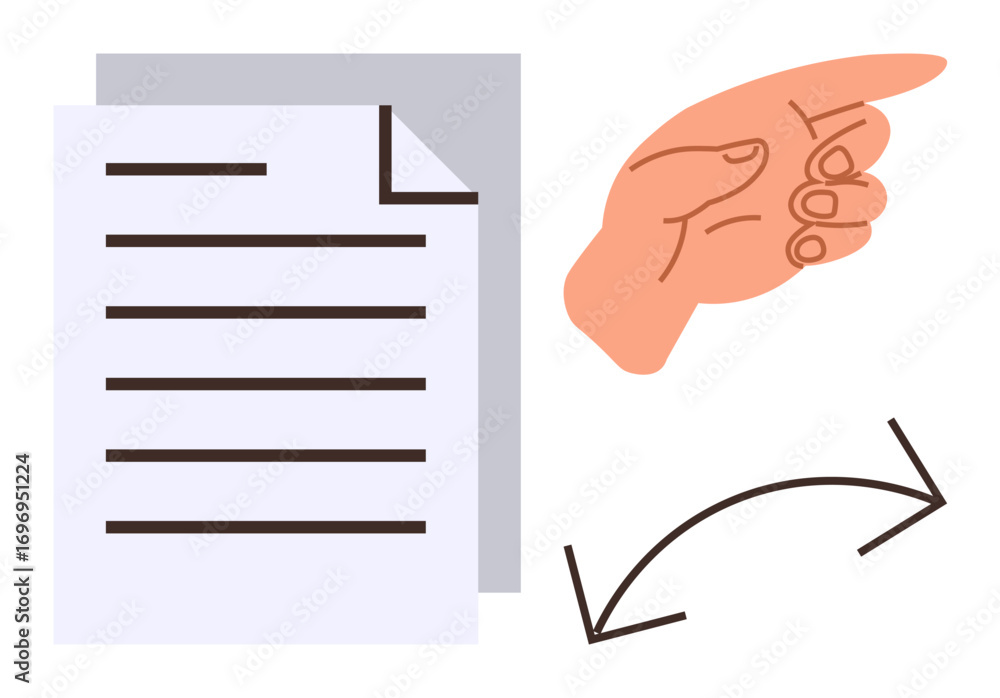 Aufkleber document stack alongside hand pointing right, arrows suggesting movement or reordering. ideal for wo