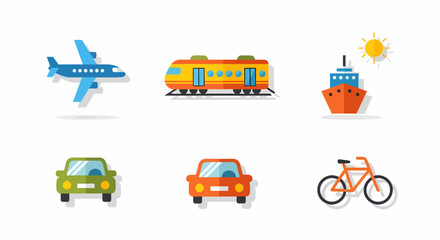 Flat design vector icon collection for travel and transportation, featuring an airplane, train, ship, cars, and a bicycle isolated on a white background