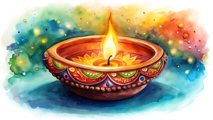 Watercolor painting of a diya lamp with flame isolated on white background