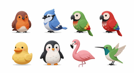 Naklejka premium Charming collection of diverse cartoon birds, a vibrant, playful assortment for creative projects.