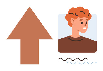 Brown upward arrow beside smiling person with curly hair in casual attire. Wavy lines underline content. Ideal for self-improvement, motivation, progress, career growth, personal development