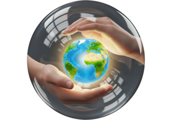 Hands cradling planet earth inside a glass sphere, isolated on transparent background