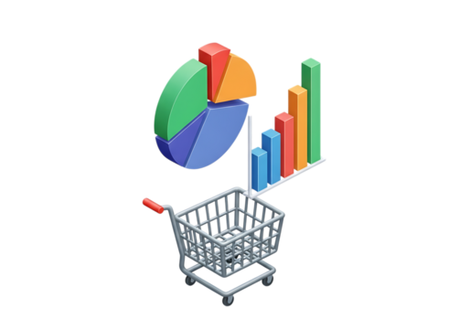 Shopping cart with pie chart and bar graph isolated on transparent background - Powered by Adobe