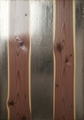 Fototapeta premium Vertical live edge wood planks with prominent grain and knots on a brushed metal background.