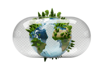 Planet earth enclosed in a protective transparent capsule, isolated on transparent background