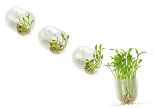 Seedling growth stages in glass containers isolated on transparent background