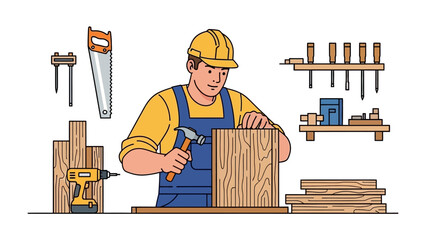 Artisan Craftsmanship: A skilled artisan meticulously uses a hammer in a workshop, surrounded by essential carpentry tools, showcasing expertise and precision in crafting wood.