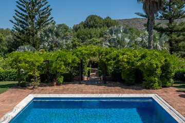 Tranquil swimming pool surrounded by lush greenery and palm trees, inviting relaxation and joy in a serene Mediterranean garden setting with copy space