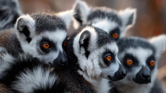 closeup of ring tailed lemurs with orange eyes exotic wild animals primates wildlife Madagascar species nature conservation endangered animals group portrait