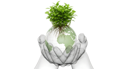 Wireframe hands holding a glass globe with a plant, isolated on transparent background