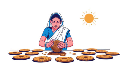 Artisan Crafting Dough: An Indian woman skillfully molds dough into a circular form, her gentle hands bringing life to each creation.