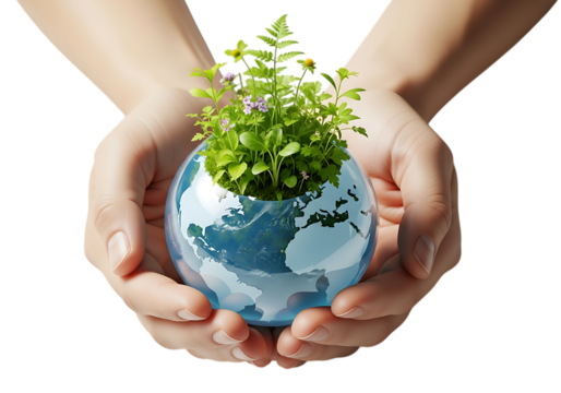 Hands holding a glass globe with a plant growing from it, isolated on transparent background