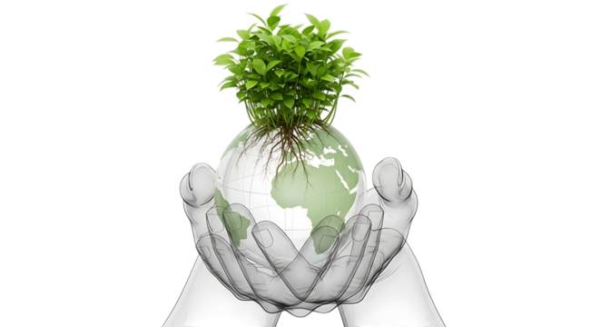 Wireframe hands holding a glass globe with a plant, isolated on transparent background