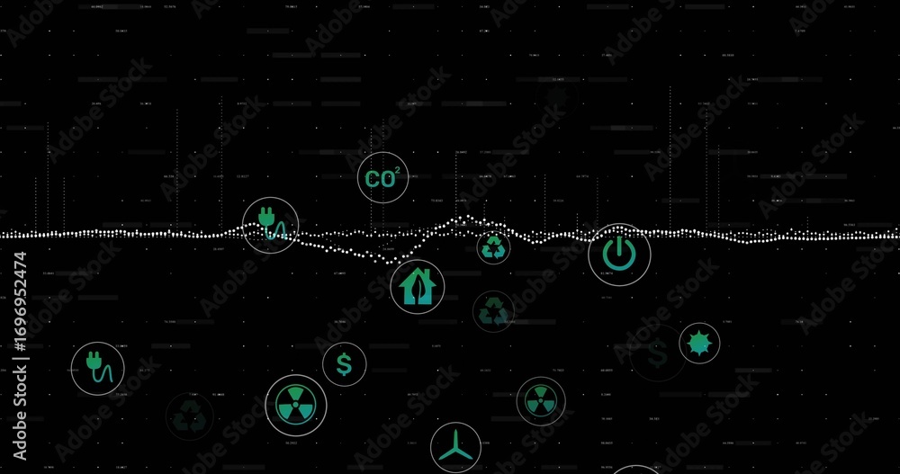 Poster displaying dotted waveform line moving across digital dashboard, with green energy icons floating