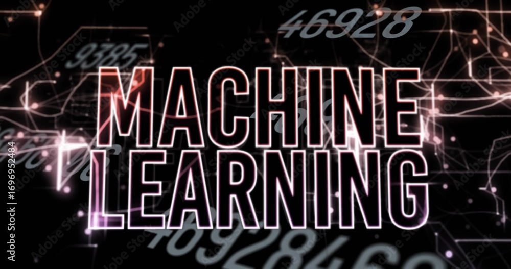 Poster floating neon-outlined machine learning text in network, with glowing network lines and numbers