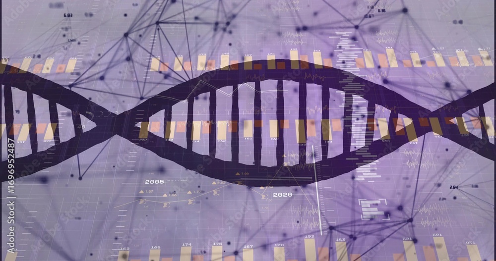 Poster rendering stylized dna double helix over purple grid, showing charts, data points, network nodes