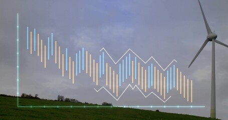 Displaying data visualization on hillside, featuring wind turbine plus bars and white trend line