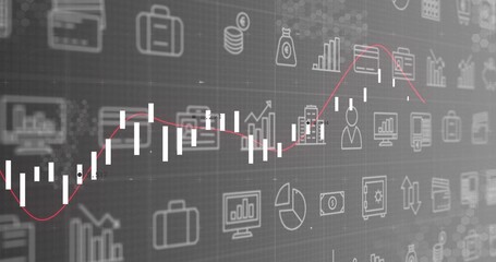 Displaying financial chart overlaying grid, with white candlesticks, red trend line and faint icons