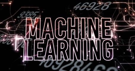 Floating neon-outlined MACHINE LEARNING text in network, with glowing network lines and numbers