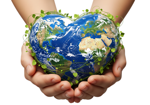 Hands holding the earth in a heart shape isolated on transparent background