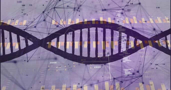 Rendering stylized DNA double helix over purple grid, showing charts, data points, network nodes